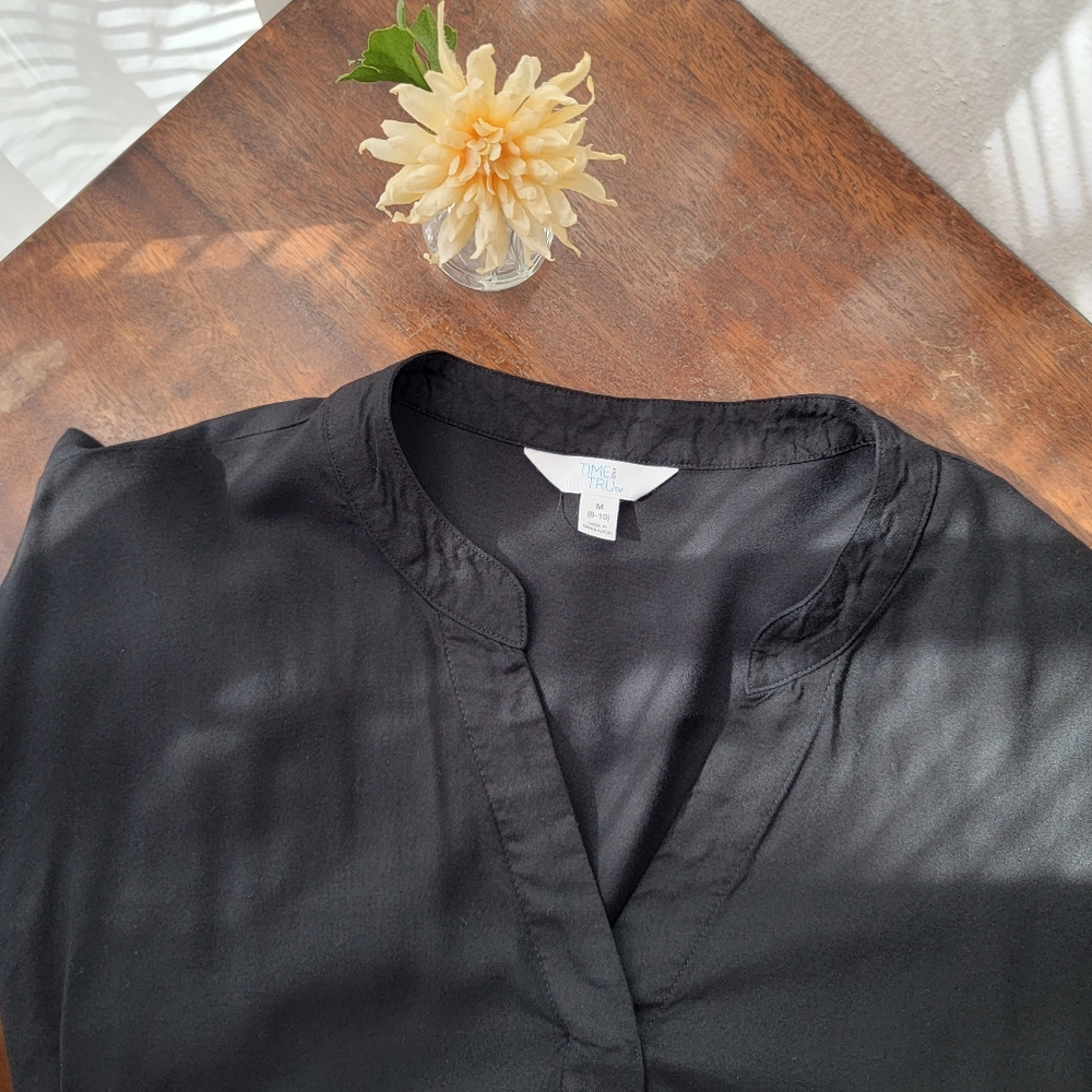 Medium Black Casual Dress Tunic Top w/ Pockets Cuffed Short Sleeves Time & Tru